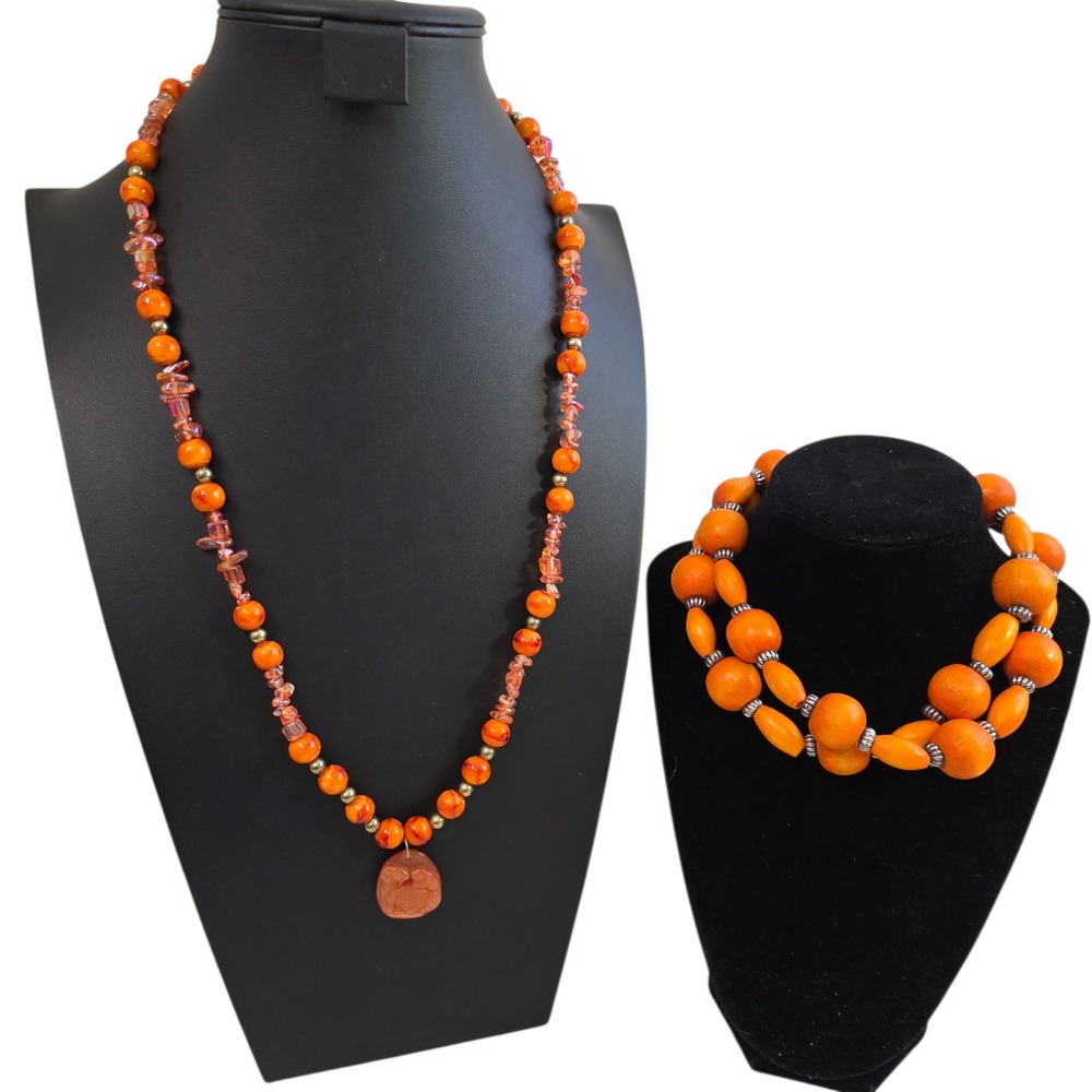 Chunky Statement Orange Necklace Set Carved Animal Pendant Wood Glass Boho Bold‎